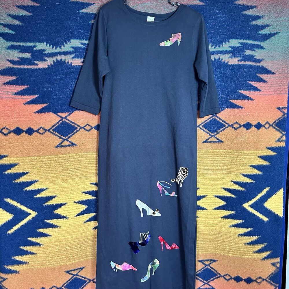 VTG 90’s Karla Marie Black Shoe Print Graphic Lounge Maxi Dress. USA. Small.